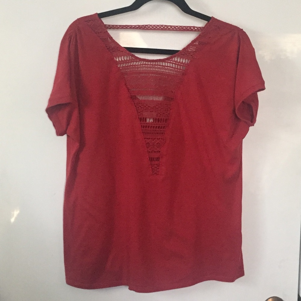🌈Anthropologie TINY Wine Lace V Short Sleeve Top